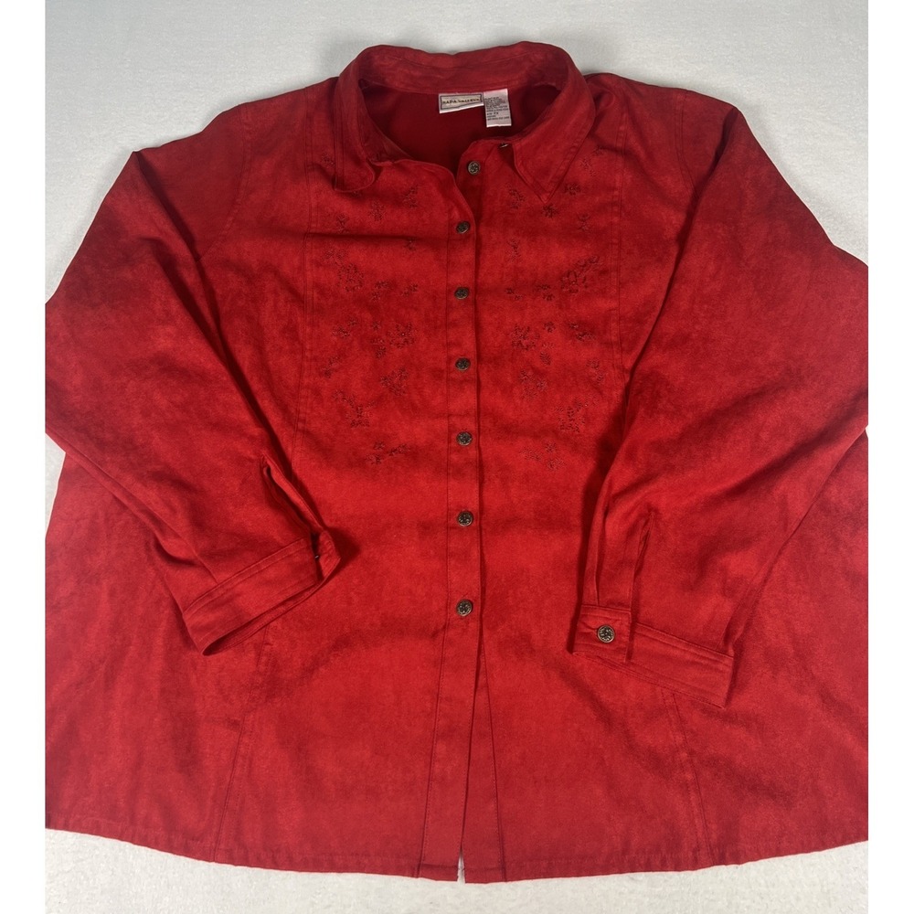 Napa‎ Valley Faux Suede Blouse Woman 2X Red Excellent Embroidered Beaded Top